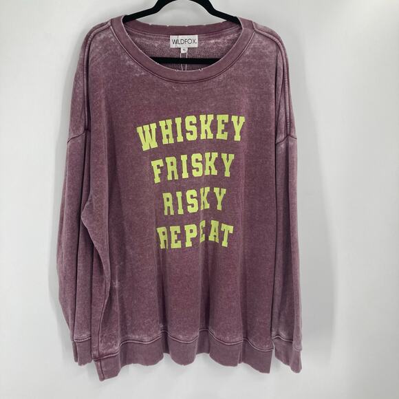 Wildfox Frisky Roadtrip Whiskey Worn Purple Green Slub Sweatshirt Women’s XL NEW - Picture 2 of 13
